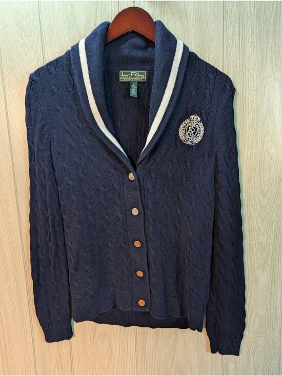 Ralph Lauren Sweaters - Lauren Active Ralph Lauren Crest Cardigan Sweater Medium Cable Knit Preppy Blue